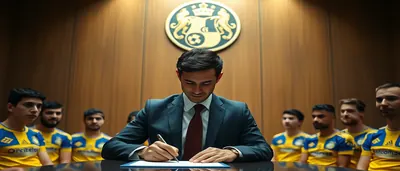 Jefté Betancor, mid-30s, muscular forward, wearing a plain yellow UD Las Palmas shirt and blue shorts, sprinting with the...