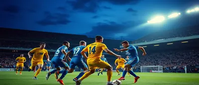 A dramatic pre-season match scene on a sun-drenched Marbella pitch: a Las Palmas forward in bright yellow, plain shirt...