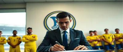 Medium shot of a 30-year-old, rugged-looking coach with a weathered face, wearing a yellow and blue plain unmarked...