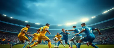 A vibrant, hyper-realistic editorial shot of a friendly match at sunset: two anonymous footballers mid-air contest for a...