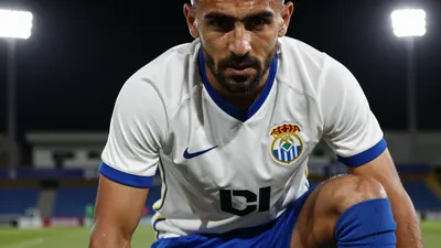 A photorealistic image of a UD Las Palmas player, aged 25-30, wearing a white jersey with blue shorts and blue socks...