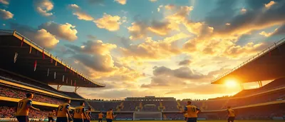 A sun-lit Marbella training ground, vibrant yellow and blue kits without any badges, 32 players in dynamic motion: some...