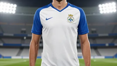 A photorealistic image of an anonymous UD Las Palmas player, wearing a white jersey with blue sleeves and a blue collar...