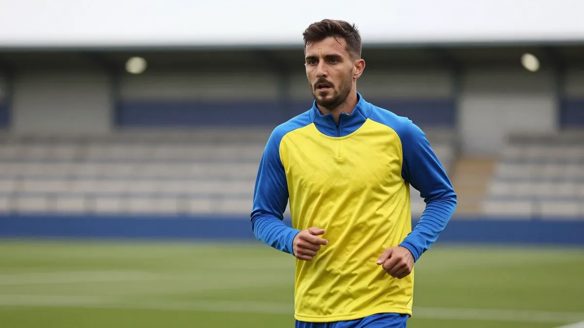 A focused UD Las Palmas midfielder in his late 20s, wearing a plain unmarked yellow and blue training top with clean...